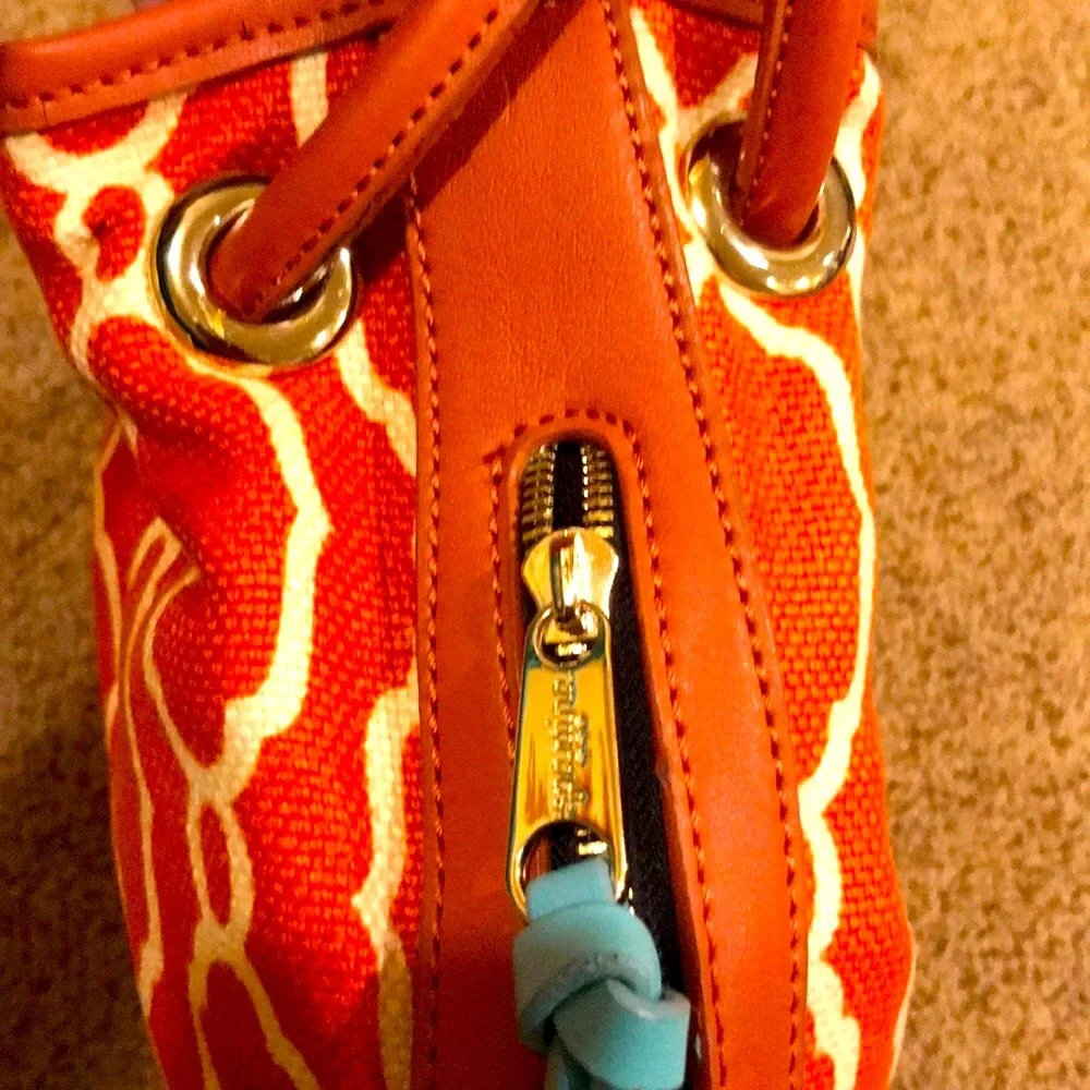 Spartina 449 Sallie Ann Orange Cream Navy leather linen Bucket Bag purse VGUC